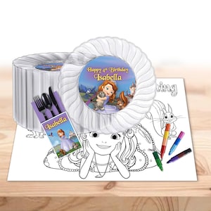 May include: A stack of clear, scalloped-edge plates with a colorful center design that reads "Happy 4th Birthday Isabella." Includes a matching utensil set and a coloring sheet with markers. Party supplies.
