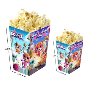 Superkitties - Cajas de palomitas personalizadas con nombre y edad - Pack de 12 - 100% cartón - Fáciles de montar - Tallas S y L