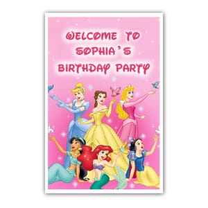 Letrero de bienvenida personalizado de Princesas Disney – 30 x 45 cm – Impreso en cartón 100 % – Embalaje en tubo gratuito