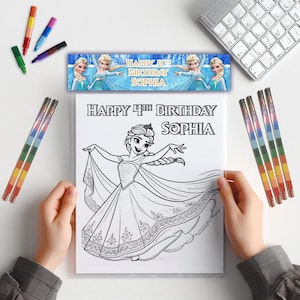 May include: A coloring book page featuring a princess in a flowing gown, with the text "HAPPY 4TH BIRTHDAY SOPHIA." The image is held by hands, with colorful markers and a banner with the same text and princess imagery. A keyboard is in the background.