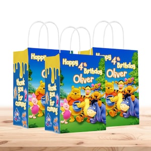 Bolsas de regalo de Winnie The Pooh personalizadas con nombre - Asas resistentes - Paquete de 12 - 100% cartón - Fáciles de montar