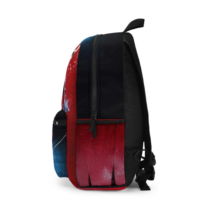 May include: A black backpack with a red and blue graphic design. The backpack has a black zipper, a side pocket, and a mesh side pocket. The design features white accents and a gradient effect.