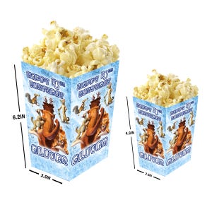 May include: Two popcorn boxes filled with popcorn. The larger box is 6.2 inches tall and 3.5 inches wide, and the smaller box is 4.3 inches tall and 2.5 inches wide. Both boxes have a blue ice-themed design with cartoon characters and the text "Happy 4th Birthday Oliver".