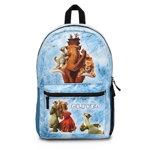 May include: A blue backpack featuring characters from the animated film "Ice Age." The backpack has a large main compartment, a front pocket, and a top handle. The name "OLIVER" is printed on the front.