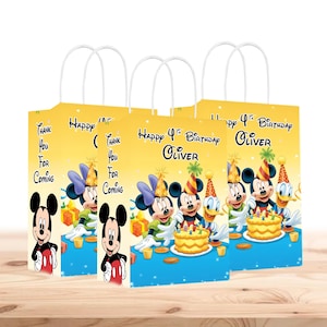 Bolsas de regalo de Mickey y Minnie Mouse personalizadas con nombre - Asas resistentes - Paquete de 12 - 100% cartón - Fáciles de montar