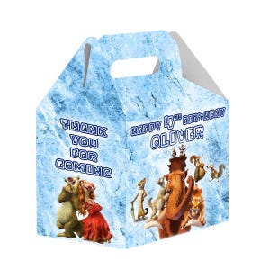 May include: A light blue party favor box with a handle, featuring characters from an animated movie. The box has the text "THANK YOU FOR COMING" and "HAPPY 4TH BIRTHDAY OLIVER". The background has a textured ice pattern.