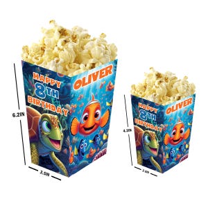 Buscando a Nemo - Cajas de palomitas personalizadas con nombre y edad - Pack de 12 - 100% cartón - Fáciles de montar - Tamaños pequeño y grande