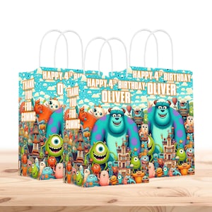 Bolsas de regalo de Monster Inc. personalizadas con nombre - Asas resistentes - Paquete de 12 - 100 % cartón - Fáciles de armar