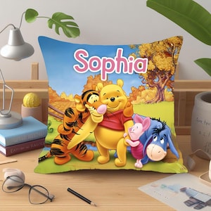 Personalized Winnie Pooh Pillow – 16x16 in Front and Back Design – 100% Polyester – Includes Insert and Zipper for Easy Washing