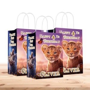 El Rey León - Bolsas de regalo de Mufasa personalizadas con nombre y edad - Asas resistentes - Paquete de 12 - 100% cartón - Fáciles de montar