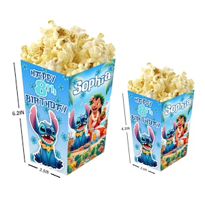 Lilo y Stitch - Cajas de palomitas personalizadas con nombre y edad - Pack de 12 - 100% cartón - Fácil montaje - Tamaños pequeño y grande