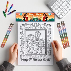 May include: A black and white coloring page featuring a framed portrait of a family. The family includes a princess, a king, a queen, and a young girl. The text "Happy 4th Birthday Sophia" is printed below the frame.