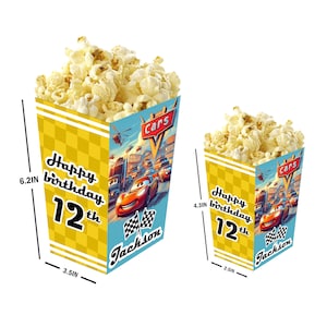Cars - Cajas de palomitas personalizadas con nombre y edad - Pack de 12 - 100% cartón - Fácil montaje - Disponible en tamaños pequeño y grande