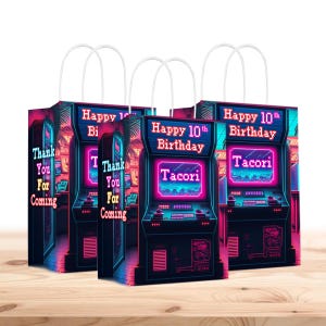 Bolsas de regalo Arcade personalizadas con nombre - Asas resistentes - Paquete de 12 - 100% cartón - Temática de videojuegos - Fácil de montar