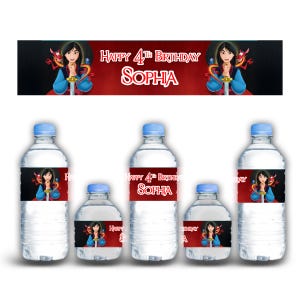 Mulan Waterproof Party Stickers – Custom Name and Age – 12 Labels for Bottles, Cups and Boxes – Birthday Party Favors