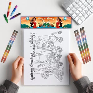 May include: A coloring page featuring characters from the animated series 'Sofia the First'. The page includes a title that reads 'Happy 4th Birthday Sophia'. The characters are drawn in black and white and are ready to be colored in.