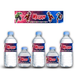 Super Heroes Waterproof Party Stickers – Custom Name and Age – 12 Labels for Bottles, Cups and Boxes – Birthday Party Favors
