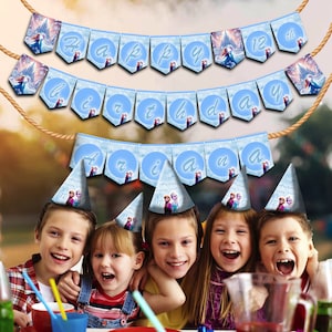Bannière joyeux anniversaire La Reine des neiges personnalisée avec votre nom et votre âge - 100 % papier cartonné - Facile à exposer - Chaque drapeau 5 x 7 pouces
