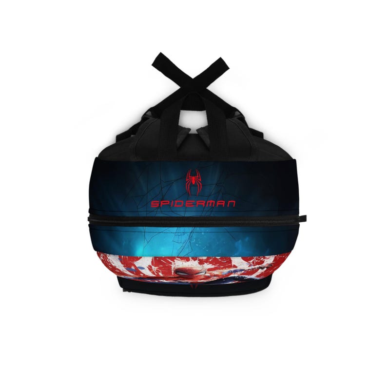 May include: Black backpack featuring a blue and red design with the word "SPIDERMAN" in red. The backpack has black straps and a zipper closure. The design includes a spider symbol.