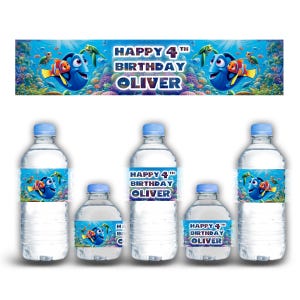 Finding Nemo Waterproof Party Stickers – Custom Name and Age – 12 Labels for Bottles, Cups and Boxes – Birthday Party Favors