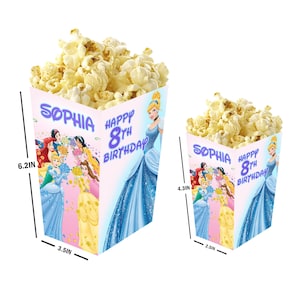 Princesas Disney - Cajas de palomitas personalizadas con nombre y edad - Pack de 12 - 100% cartón - Fáciles de montar - Tamaños pequeño y grande