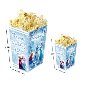 Frozen - Cajas de palomitas personalizadas con nombre y edad - Pack de 12 - 100% cartón - Fácil montaje - Disponible en tamaños pequeño y grande