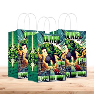 Bolsas de regalo de Hulk personalizadas con nombre y edad - Asas resistentes - Paquete de 12 - 100% cartón - Fácil de montar