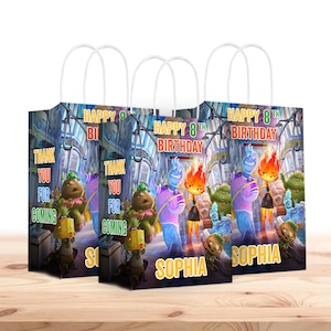 Bolsas de regalo Elemental personalizadas con nombre - Asas resistentes - Paquete de 12 - 100% cartón - Fáciles de montar