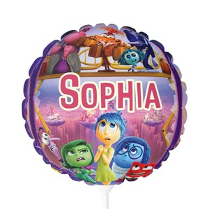 May include: A purple and pink balloon with a scene from the movie Inside Out. The balloon features the characters Joy, Sadness, Anger, Disgust, and Fear. The name "Sophia" is printed in pink letters on the balloon.