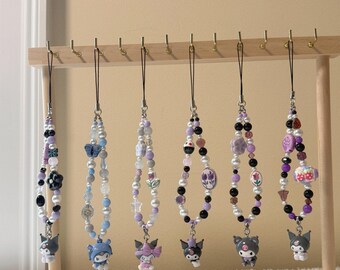Kawaii Sanrio Phone Charm - Kuromi (6.1) Handmade 1/1 Nostalgic Character Beaded Keychain for Phone Case / Purse