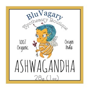 Pode incluir: Um r&oacute;tulo amarelo e branco com uma ilustra&ccedil;&atilde;o de abelha de desenho animado. O r&oacute;tulo diz "Blu Vagary Apothecary Boutique", "100% Organic", "Origin India", "ASHWAGANDHA" e "28g (1 oz)".