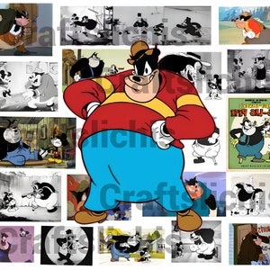Peut inclure: Un collage d'images mettant en scène Peg-Leg Pete, un personnage de dessin animé connu pour son caractère espiègle. Les images montrent Pete dans différentes poses et situations, notamment vêtu d'une chemise rouge et jaune à rayures et d'un pantalon bleu, et tenant un pistolet. Le collage comprend également une affiche pour un dessin animé mettant en scène Peg-Leg Pete.