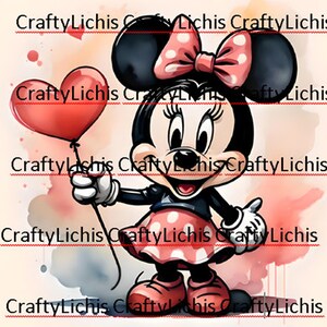 May include: A watercolor illustration of a cartoon mouse holding a red heart-shaped balloon. The mouse is wearing a red and white polka dot dress and a red bow. The background is a soft pink and blue watercolor wash.