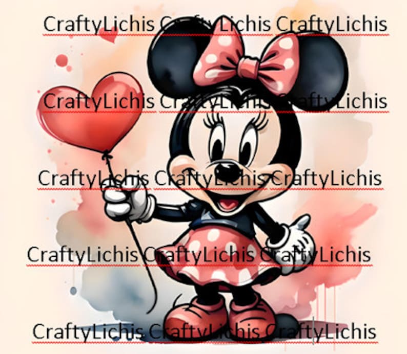 May include: A watercolor illustration of a cartoon mouse holding a red heart-shaped balloon. The mouse is wearing a red and white polka dot dress and a red bow. The background is a soft pink and blue watercolor wash.