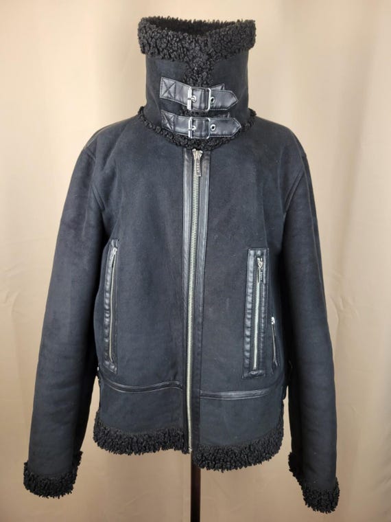 DKNY, Dkny Black Faux Shearling Aviator Jacket Size L (Uk12) Great Condition