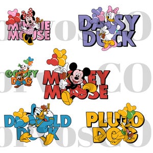 May include: Colorful cartoon character designs featuring Mickey Mouse, Minnie Mouse, Donald Duck, Daisy Duck, Goofy, and Pluto. Each character is paired with their name in bold, stylized text, and balloons.