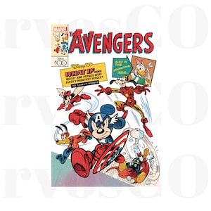 Może przedstawiać: Okładka komiksu z postaciami Disneya jako Avengers. Myszka Miki jako Kapitan Ameryka, Goofy jako Iron Man i Kaczor Donald. Tytuł "The Avengers" jest czerwony, z "Marvel" na górze. Tekst: "What If... Mickey and Friends were Earth's Mightiest Heroes?"