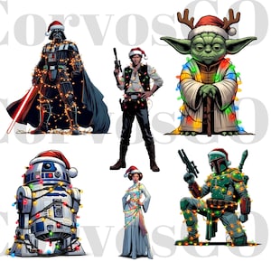 Peut inclure: Illustrations numériques de personnages de Star Wars, Dark Vador, Han Solo, Yoda, R2-D2, Princesse Leia et Boba Fett, tous portant des bonnets de Père Noël et enveloppés de guirlandes lumineuses. Les personnages sont sur fond blanc.