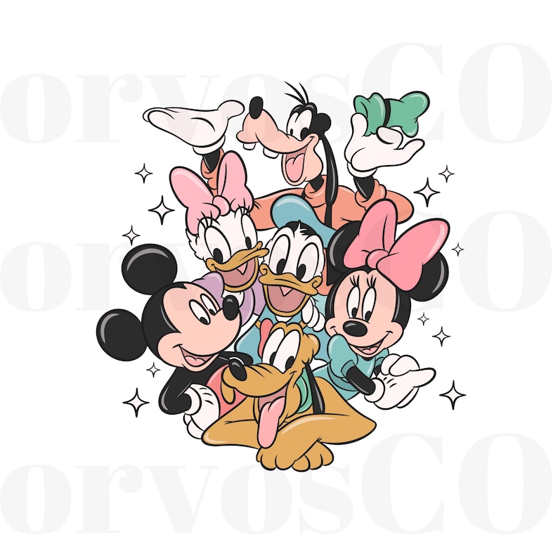 May include: A group of seven cartoon characters, including Mickey Mouse, Minnie Mouse, Donald Duck, Goofy, Pluto, and Daisy Duck. The characters are all smiling and looking at the viewer. They are all wearing their signature colors and outfits.