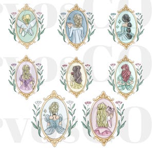 Peut inclure: Un ensemble de huit illustrations numériques représentant des princesses dans des cadres ornés d'accents floraux. Chaque princesse est représentée de dos, avec des cheveux flottants et des robes élégantes. Les cadres sont de différentes couleurs pastel, notamment rose, bleu et vert.