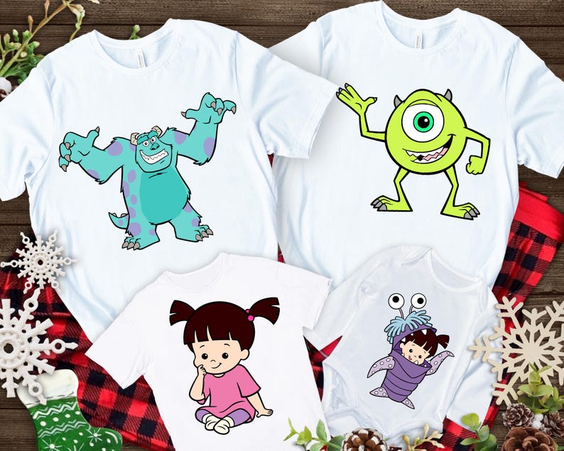 Puede incluir: Camisetas blancas y un body para beb&eacute; con personajes de dibujos animados de la pel&iacute;cula Monstruos S.A. Las camisetas muestran a Sully y Mike Wazowski. El body tiene un dise&ntilde;o de Boo.