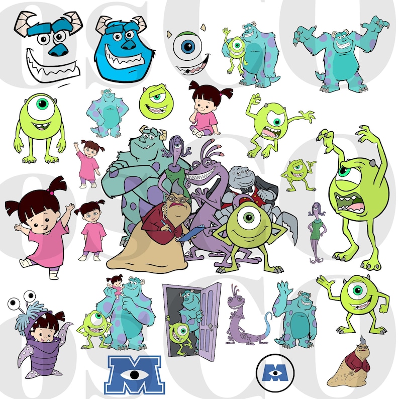 Puede incluir: Una colecci&oacute;n de ilustraciones de personajes de dibujos animados de la pel&iacute;cula "Monstruos, S.A." con Mike Wazowski, James P. Sullivan, Boo y otros personajes en varias poses. Los personajes son en tonos de azul, verde, morado y rosa.