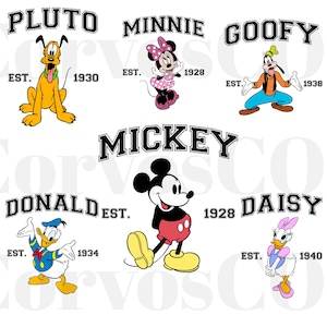 May include: A collection of cartoon character illustrations, including Pluto, Minnie, Goofy, Mickey, Donald, and Daisy. Each character is depicted in a classic style with the character's name above and the year of establishment below.