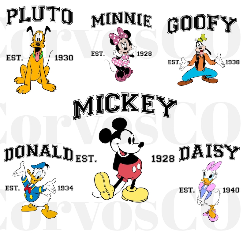May include: A collection of cartoon character illustrations, including Pluto, Minnie, Goofy, Mickey, Donald, and Daisy. Each character is depicted in a classic style with the character's name above and the year of establishment below.