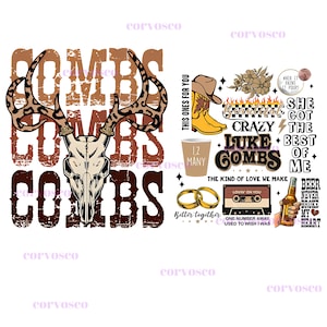 Peut inclure: Conception graphique avec un crâne de cerf et des bois à imprimé léopard, le nom "COMBS" en police vieillie. Inclut des bottes de cowboy, un gobelet, des alliances et du texte sur Luke Combs.