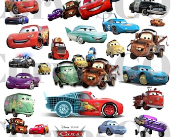 Puede incluir: Una colección de coches de dibujos animados en varios colores y diseños, incluyendo rojo, azul y amarillo. La imagen presenta personajes de la franquicia Disney Pixar Cars, con el logo de Cars en la parte inferior.