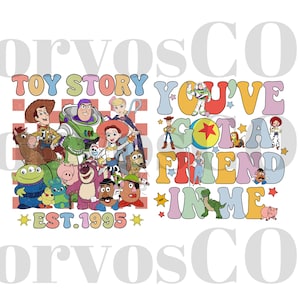 Puede incluir: Un diseño gráfico colorido con personajes de la franquicia Toy Story. El diseño incluye el texto "Toy Story" y "You've Got a Friend in Me" con un fondo a cuadros y estrellas. Los personajes incluyen a Woody, Buzz Lightyear, Jessie, Rex y Mr. Potato Head.