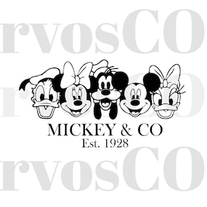 May include: Black and white graphic featuring the faces of Donald Duck, Minnie Mouse, Mickey Mouse, and Daisy Duck. Below the characters is the text "MICKEY & CO" and "Est. 1928".