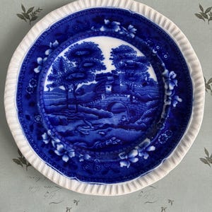 May include: A blue and white decorative plate with a landscape scene. The plate features a detailed illustration of trees, a bridge, and a building. The rim of the plate has a white, scalloped edge with floral accents. A classic piece for display or dining.