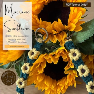 Op de afbeelding: Een digitale PDF-handleiding voor een macramé sleutelhanger met stapsgewijze instructies. Het document bevat de tekst Macramé Sunflower, Step-by-step instructions to create your own Macramé Keychain en Intermediate Level.